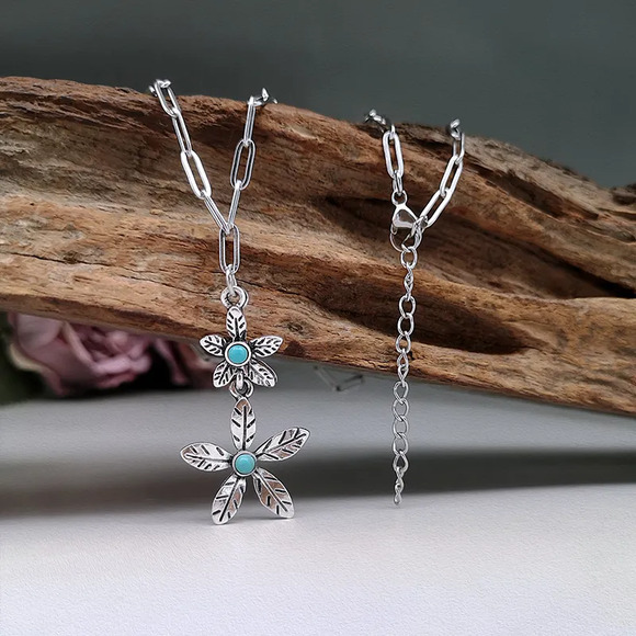 Bohemian Style  Necklace with Silver Tone Hardware and Turquoise Color Insets - Picture 1 of 3